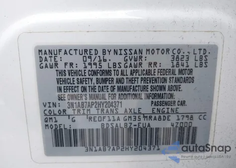 2017 Nissan Sentra S z USA, uszkodzony, nr VIN 3N1AB7AP2HY204371